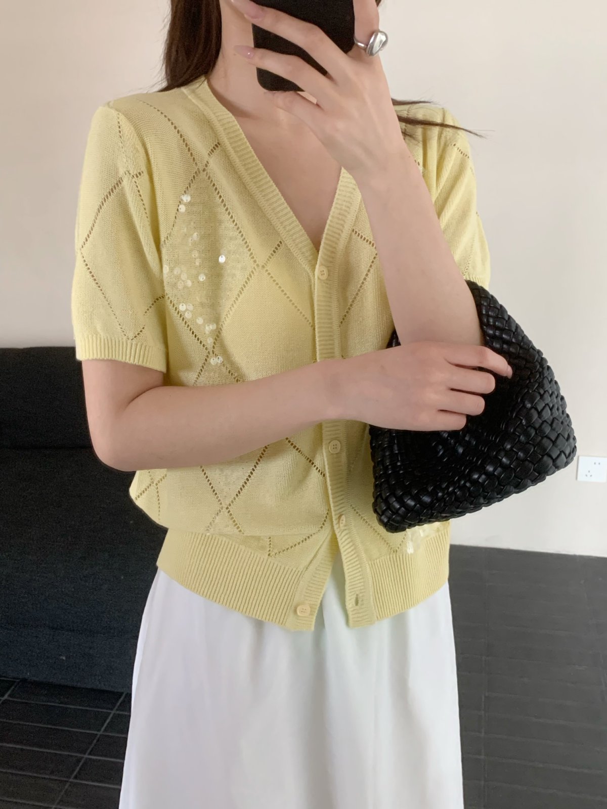 【素简.910185】夏季新款天丝亚麻菱格亮片开衫显瘦百搭针织衫