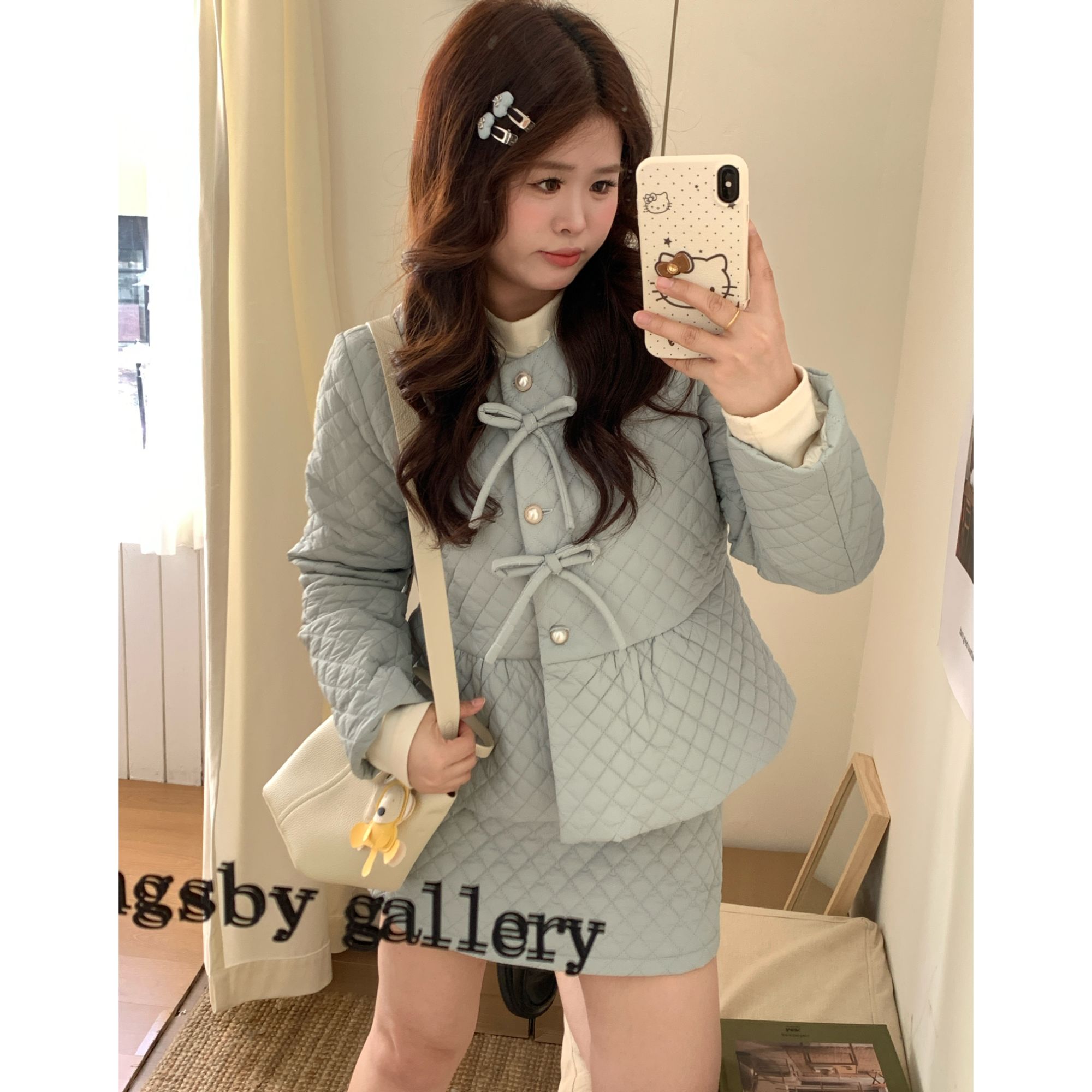 【北海情书】大头婷微胖定制菱格加厚保暖外套半身裙两件套装 L8372