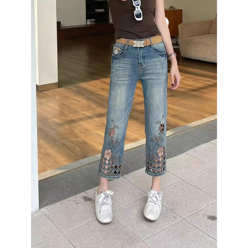 梦茹萱镂空设计夏季薄款牛仔裤女胖mm显瘦高腰直筒时尚遮胯烟管裤