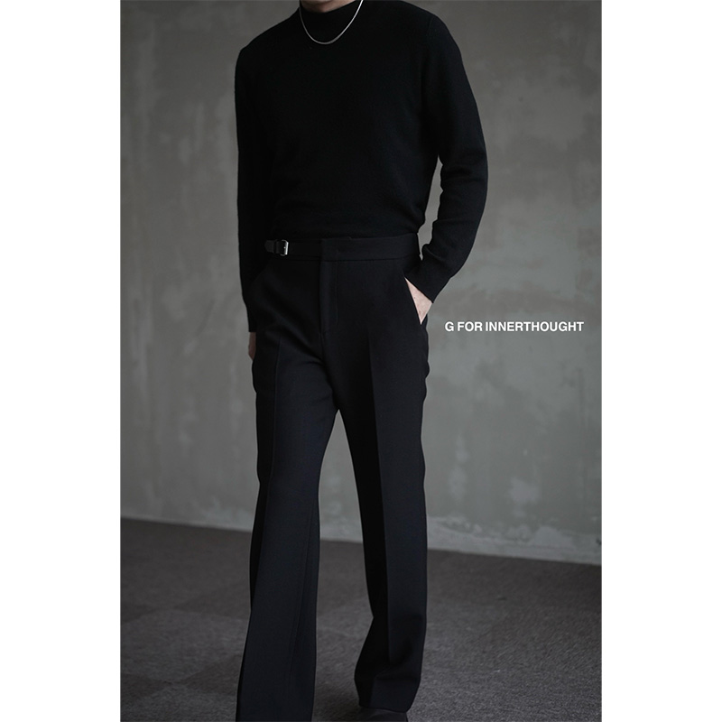 G FOR INNERTHOUGHT|进口美丽奴羊毛装饰皮扣黑色直筒西裤男冬款