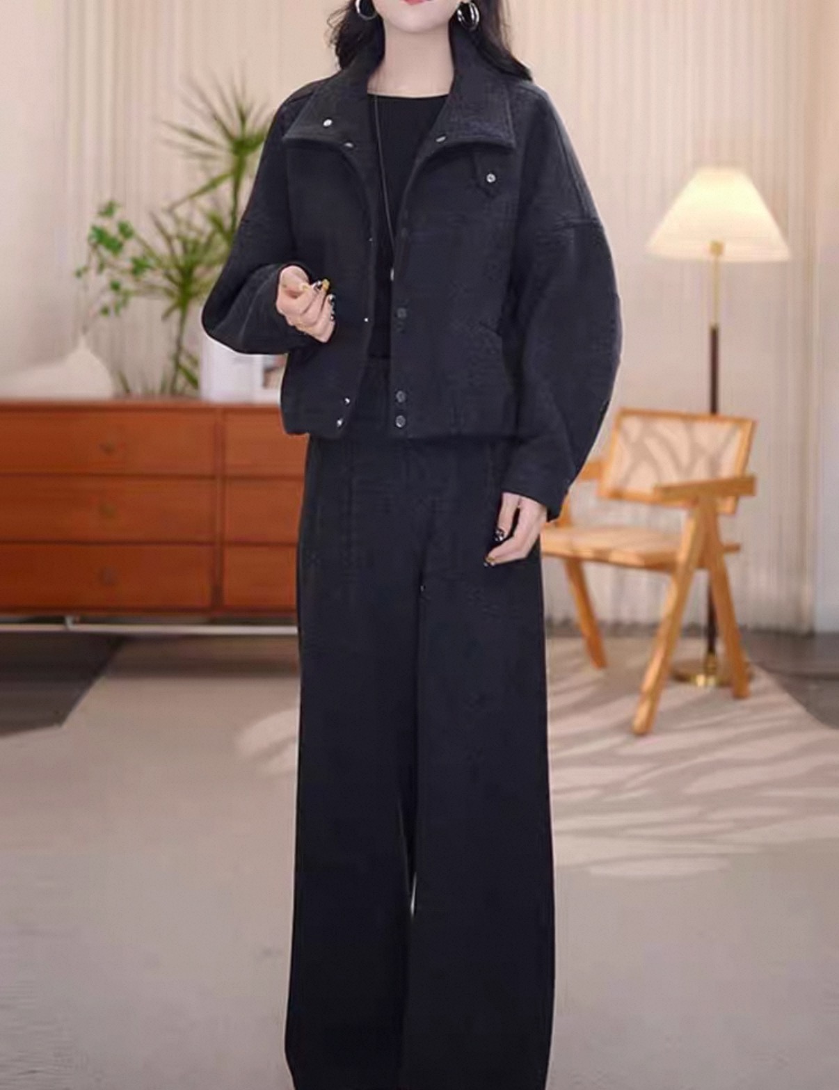 冬季加棉加厚外套+直筒阔腿裤高级感时尚两件套装