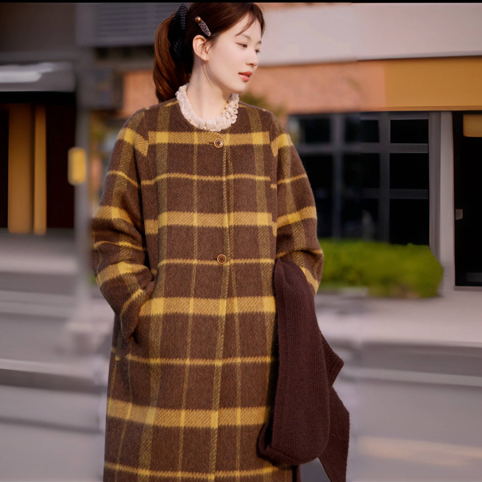 韩系格纹长袖毛呢外套秋冬长款格纹呢大衣2368（不带围巾）