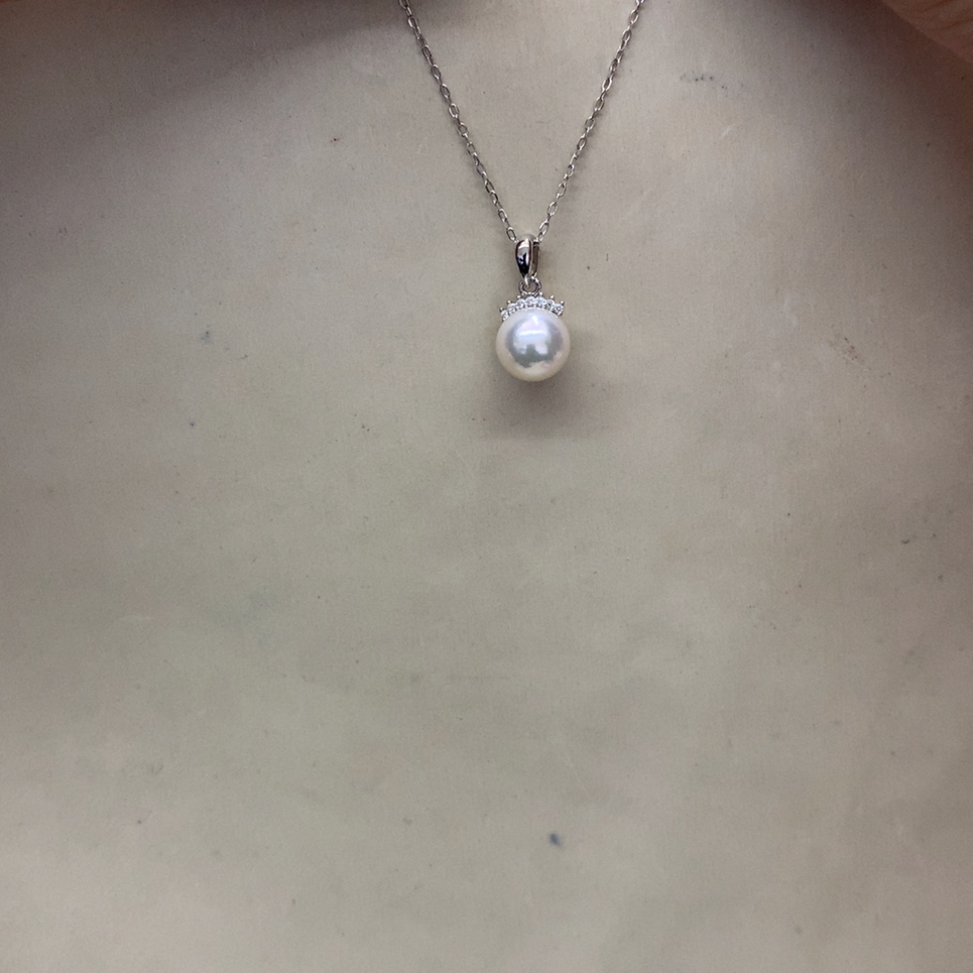 银S925镶嵌海水珍珠颈饰8-8.5akoya睫毛吊坠