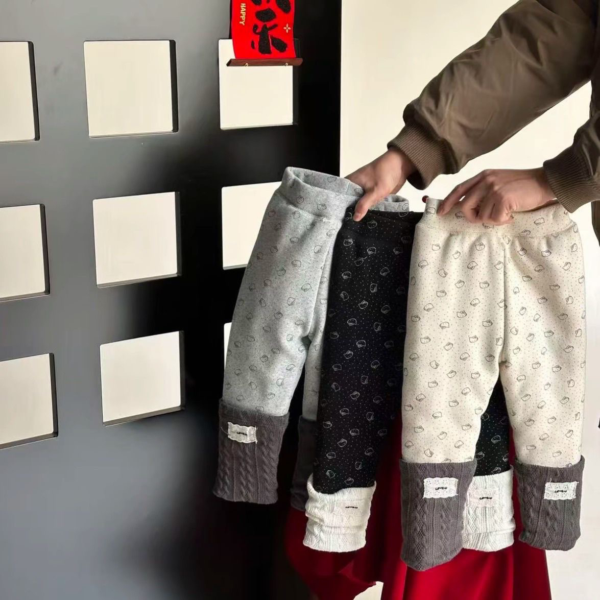 女童冬季休闲三层夹棉波点kt猫加厚保暖抗寒打底裤一条过冬棉裤子