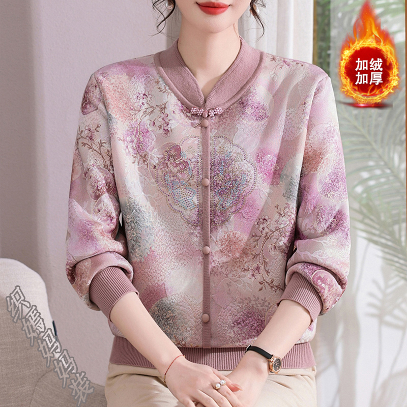 妈妈冬装新款立领加绒加厚时尚打底衫中老年女装洋气针织保暖上衣