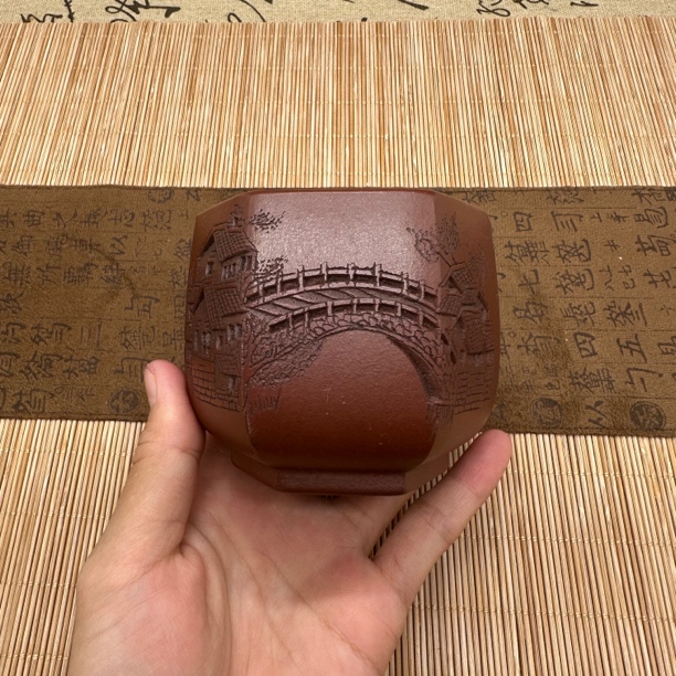 宜兴紫砂茶杯管庆飞家用高档手工雕刻浮雕刻绘醉江南主人杯180CC