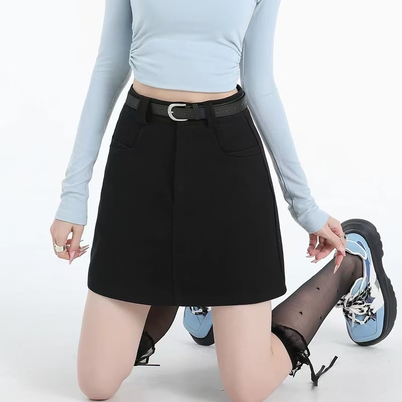 韩系清爽白色牛仔棉高腰短裙女早春新包臀A字百搭显瘦灰色半身裙