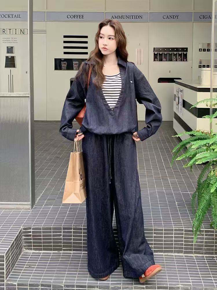 蓝色甜酷时髦撞色牛仔衬衫阔腿裤套装两件套女早春秋盐系气质减龄