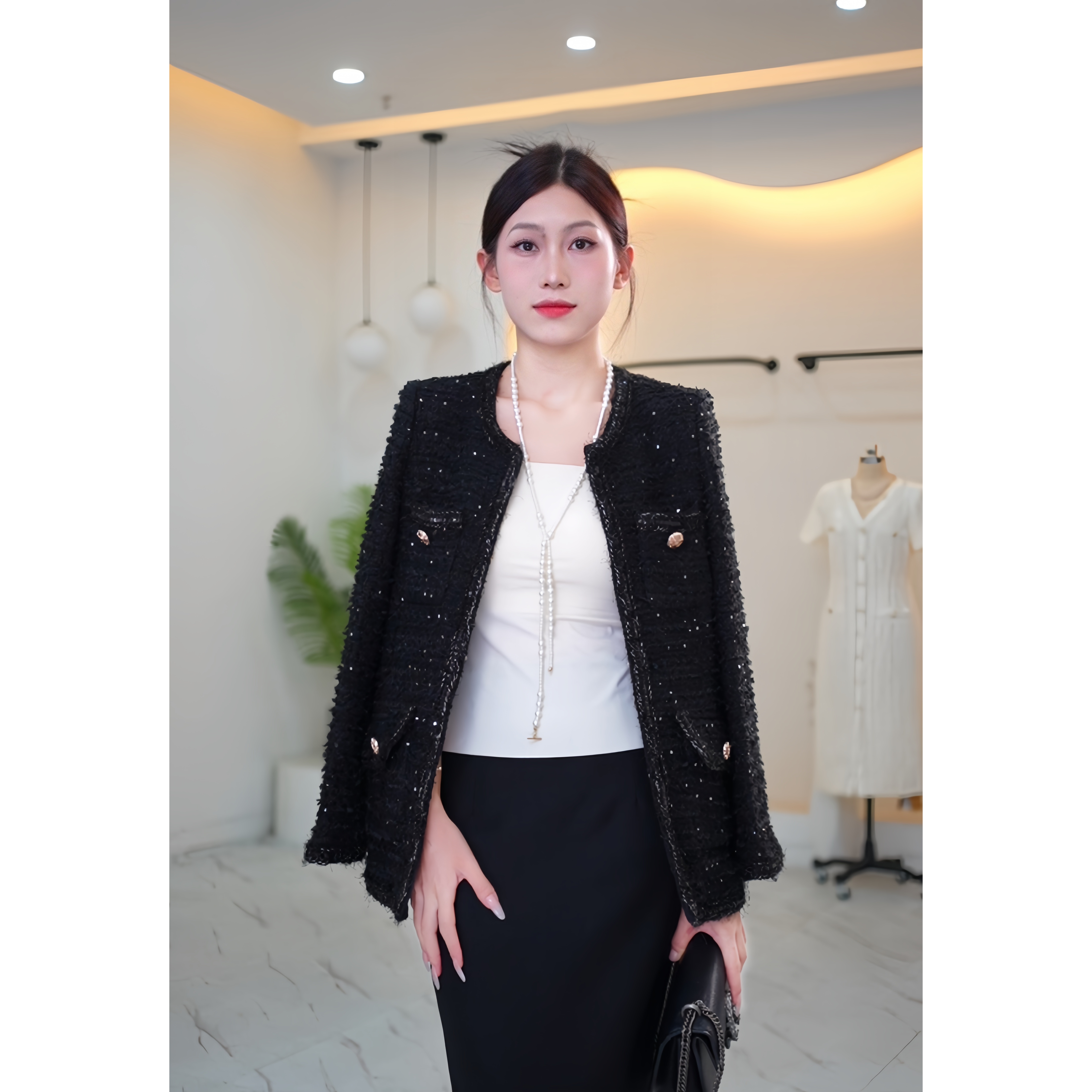 （繁星）2025春款粗花呢手工编织高级感气质黑色小香风外套女