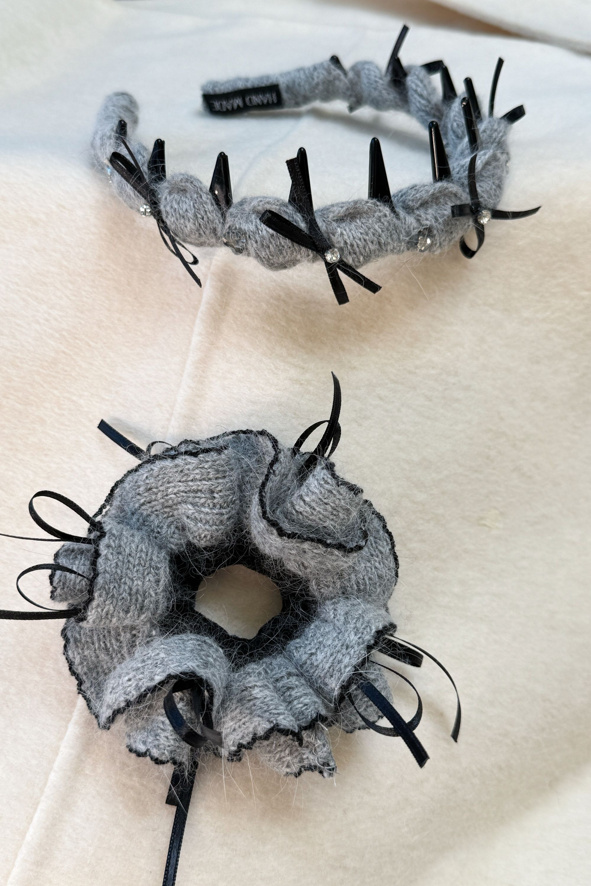 兔毛系列～灰黑蝴蝶结双层发圈柔软质感肠圈