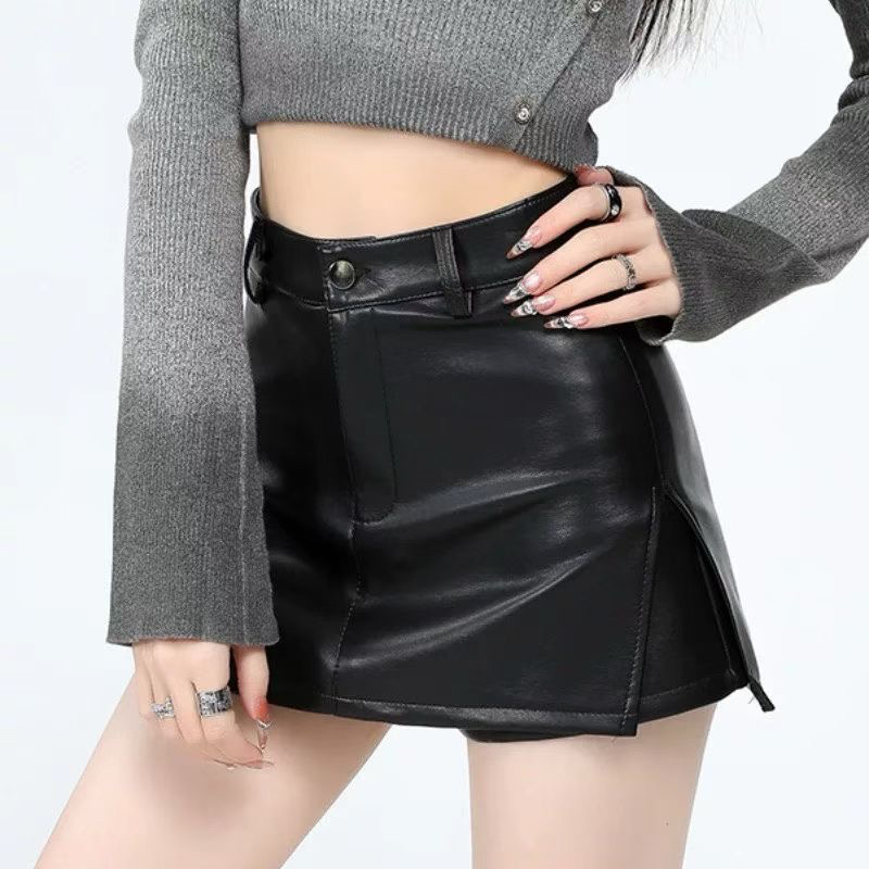 秋冬新款辣妹风PU皮高腰开叉防走光A字包臀半身短裙裤