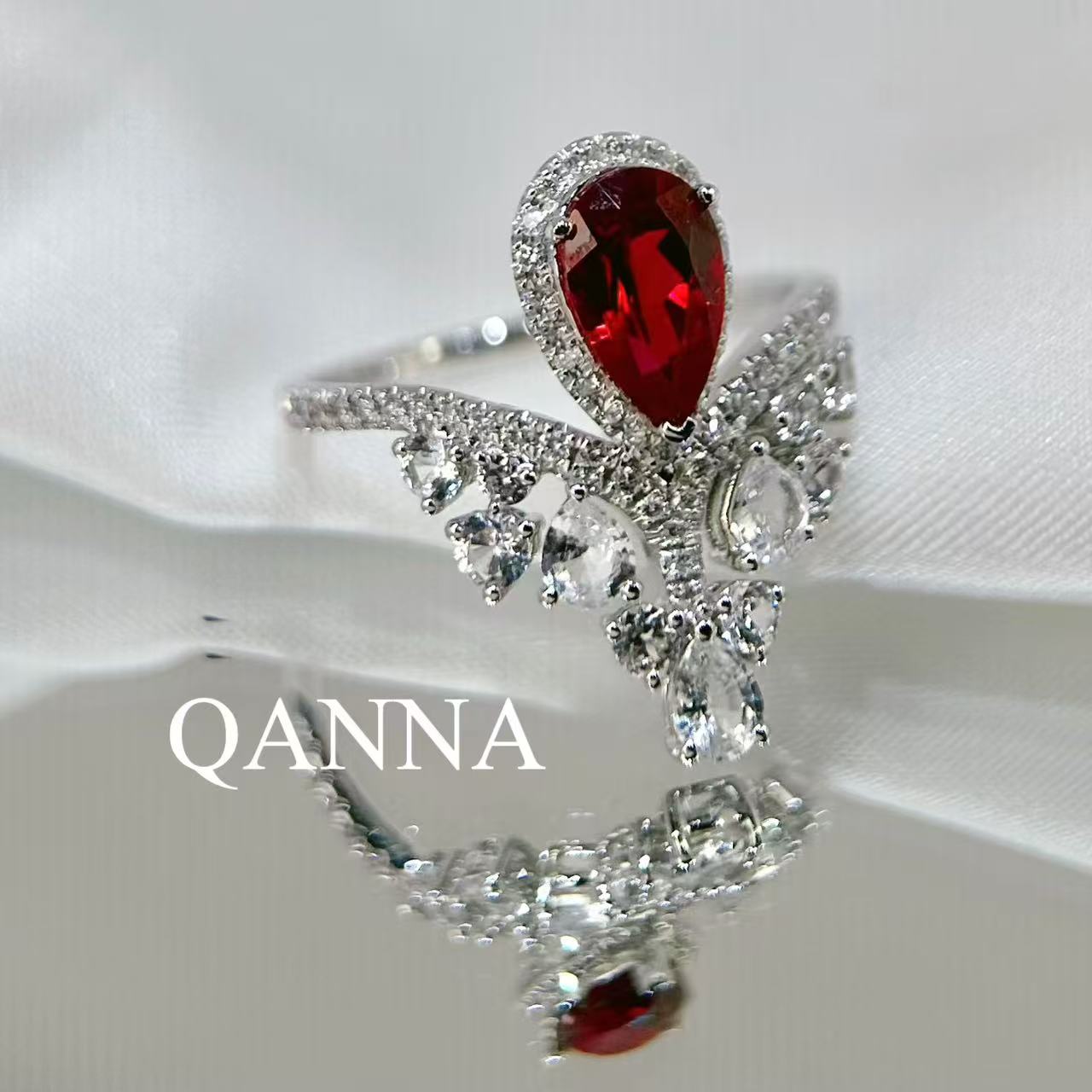 QANNA【红泪珠帘】【红色大水滴皇冠】奢华名媛风经典皇冠钻石戒指AY