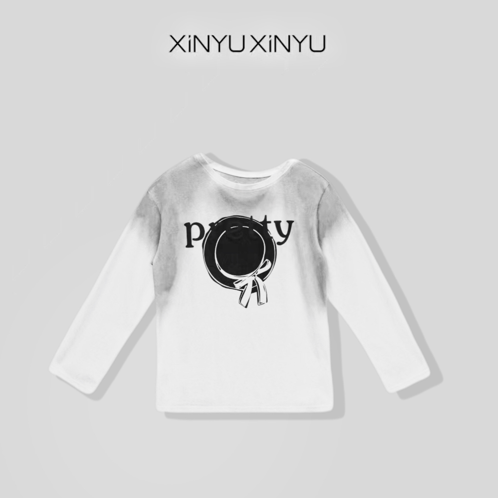 XINYU/芯与『帽子扎染T』斜肩水墨晕染帽子图案长袖T恤 30383 时尚