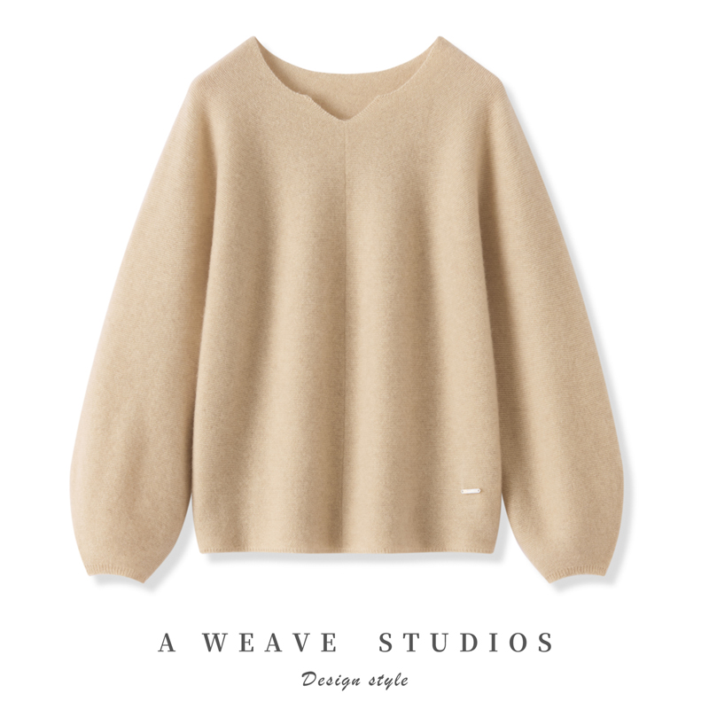 康赛妮【轻奢 100%纯山羊绒 软糯不扎】正反针V领灯笼袖针织衫女