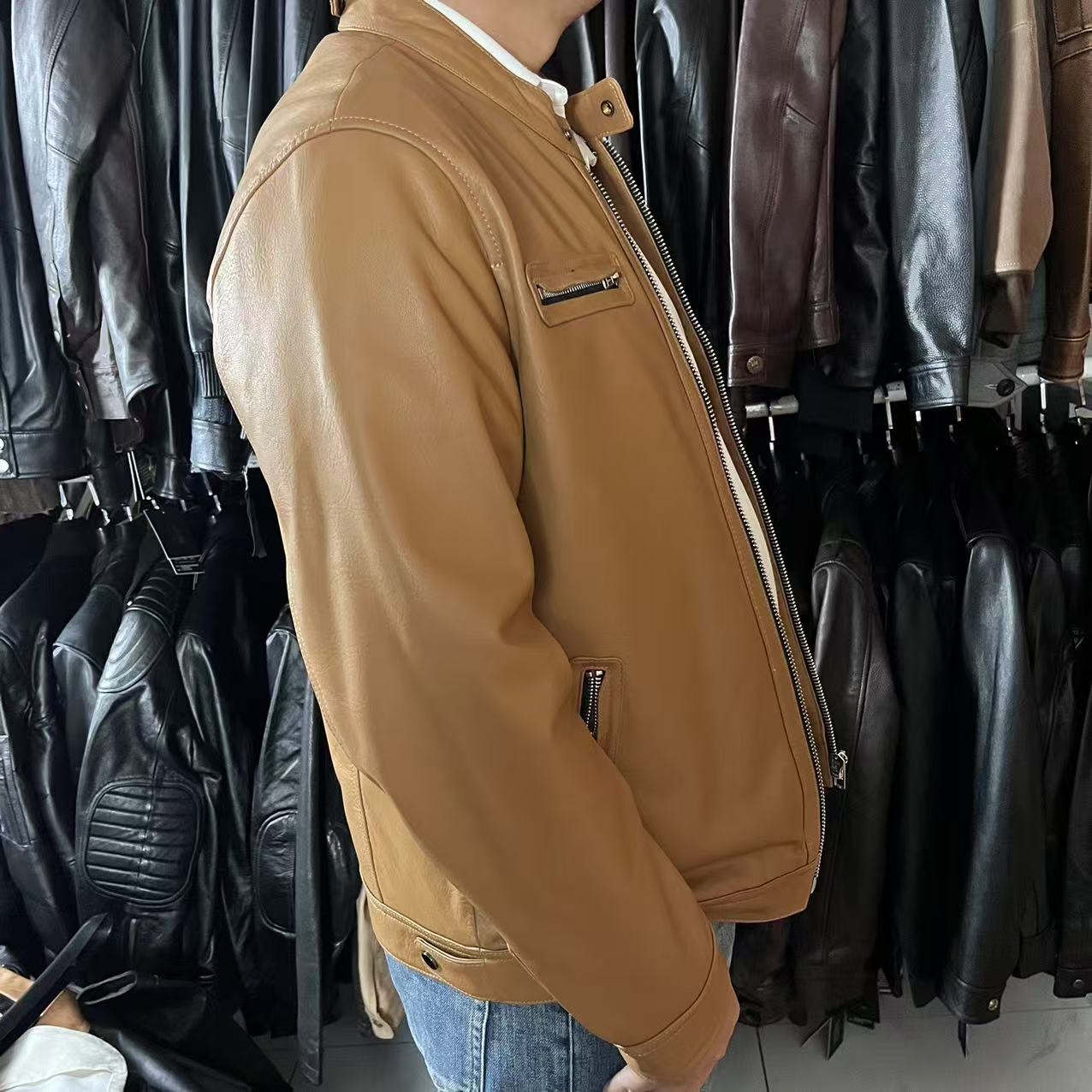 子丹同款阿美咔叽机车头层羊皮免烫标准男皮衣春秋款修身春秋韩版