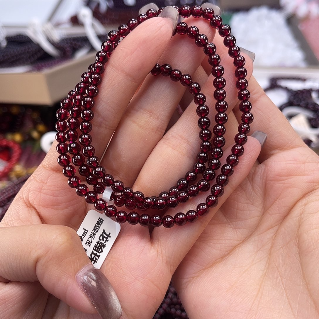 石榴石手链未镶嵌酒红色石榴石三圈4.6mm+多样式发一
