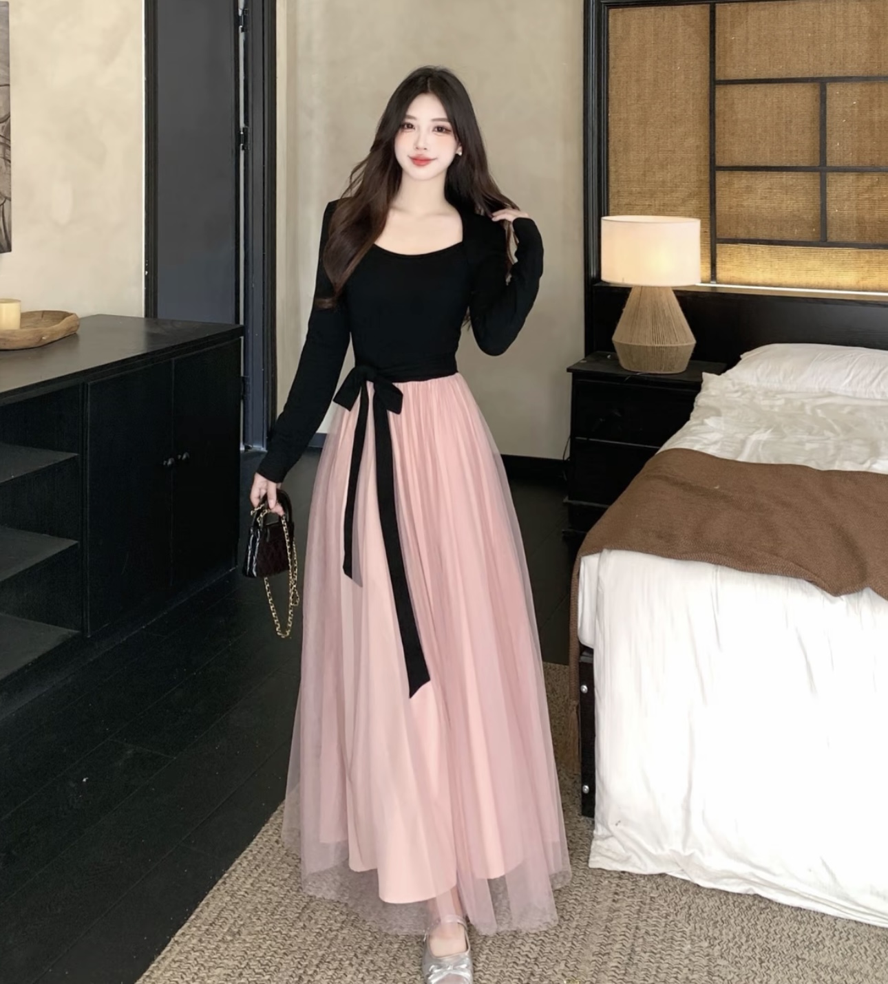 【干枯玫瑰】韩系高智感法式千金感撞色拼接收腰显瘦气质连衣裙8112