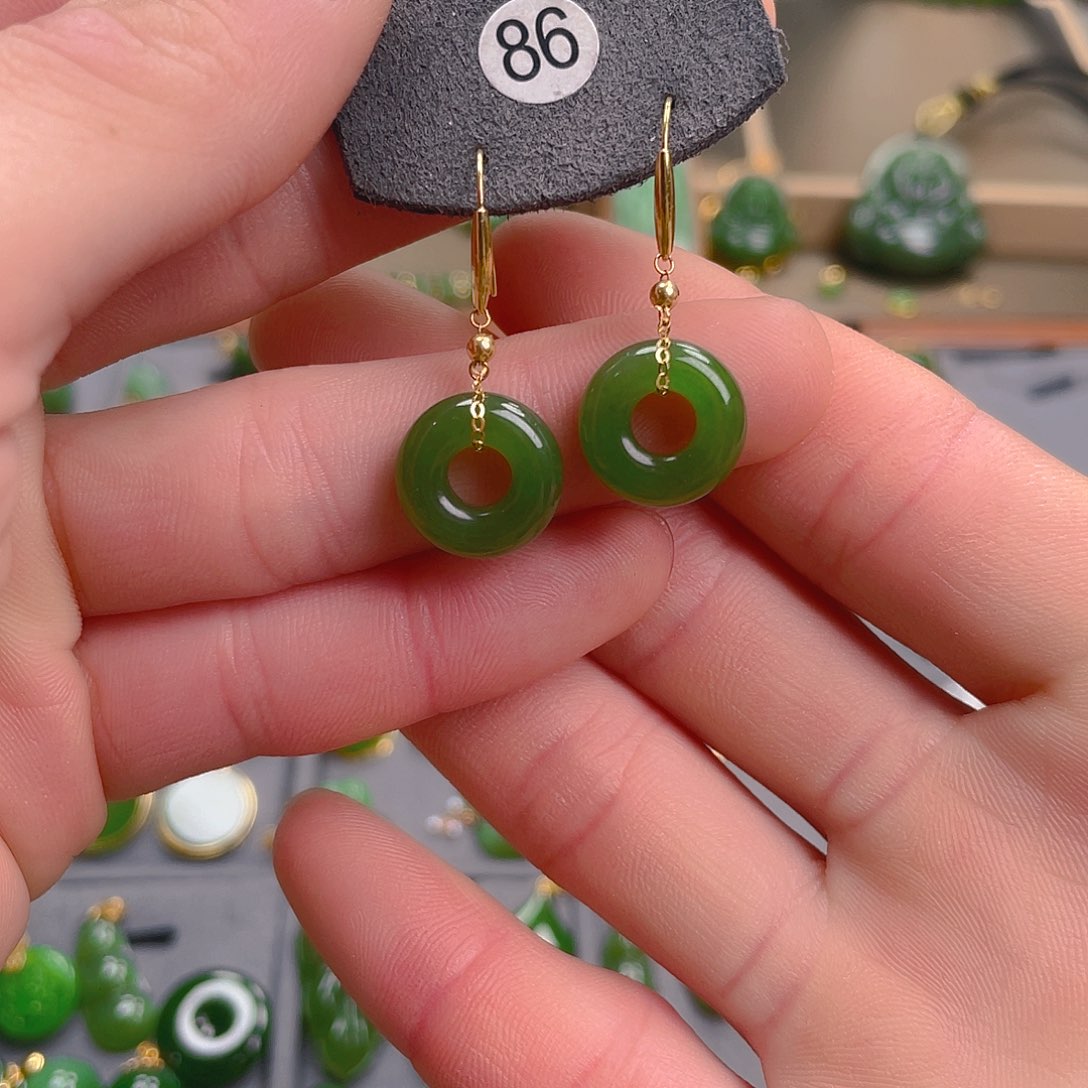 和田玉（碧玉）耳饰18K金镶嵌86