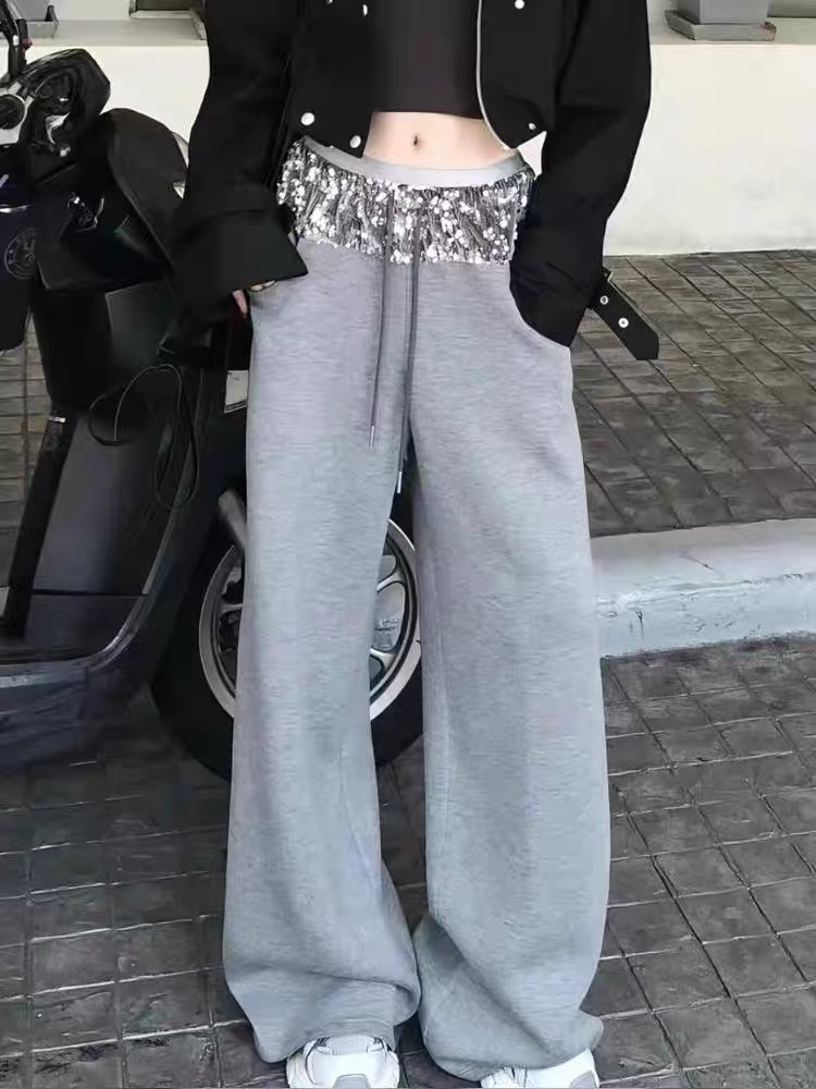 美式亮片拼接重工高腰百搭宽松休闲阔腿卫裤 YY68