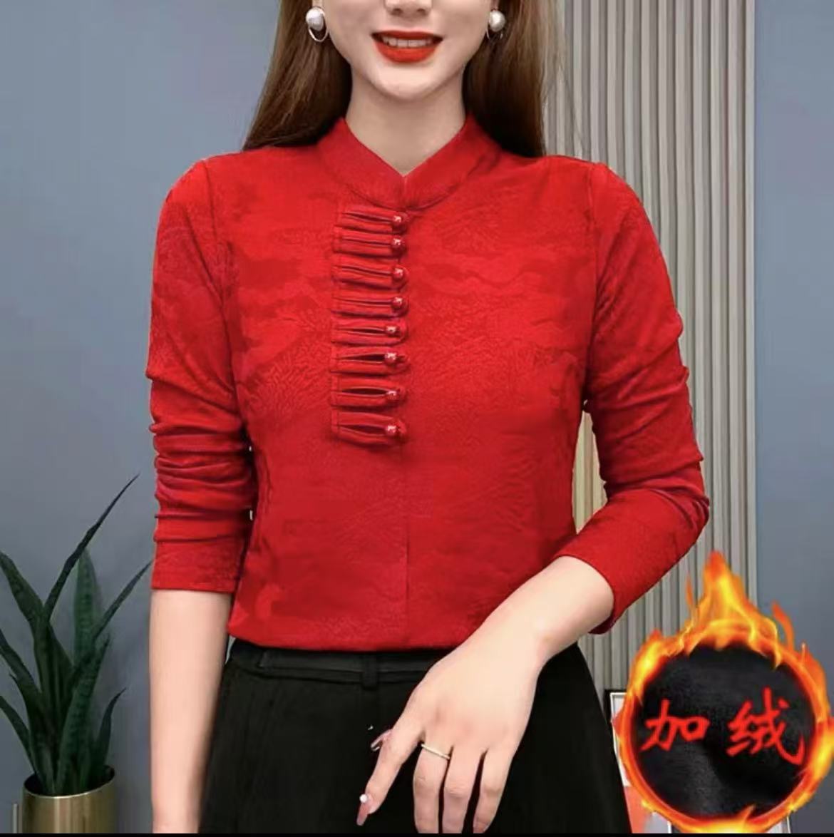 23155国风山水图针织提花女士打底衫减龄漂亮春秋长袖内搭打底衫