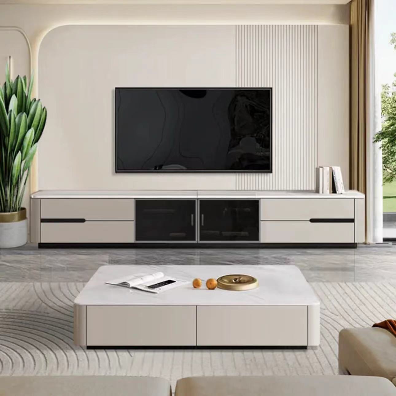 全实木电视柜茶几组合现代简约客厅双开门微晶石岩板烤漆落地柜