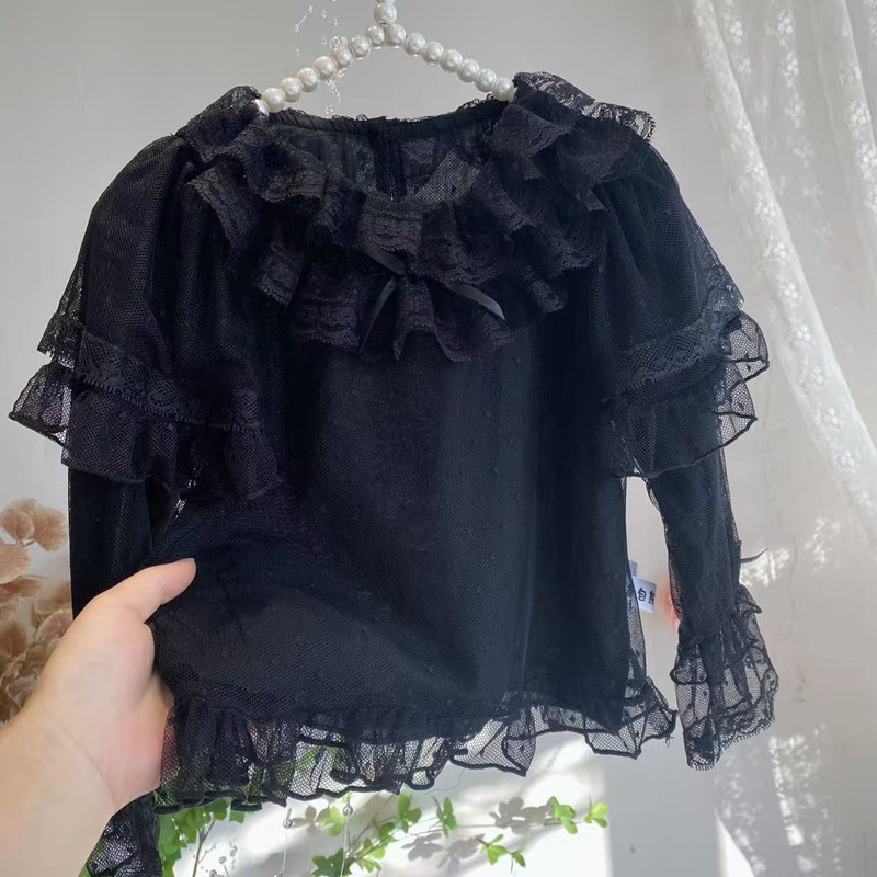 女童双层蕾丝花边袖子黑色打底衫洛丽塔洋气内搭春秋款百搭上衣