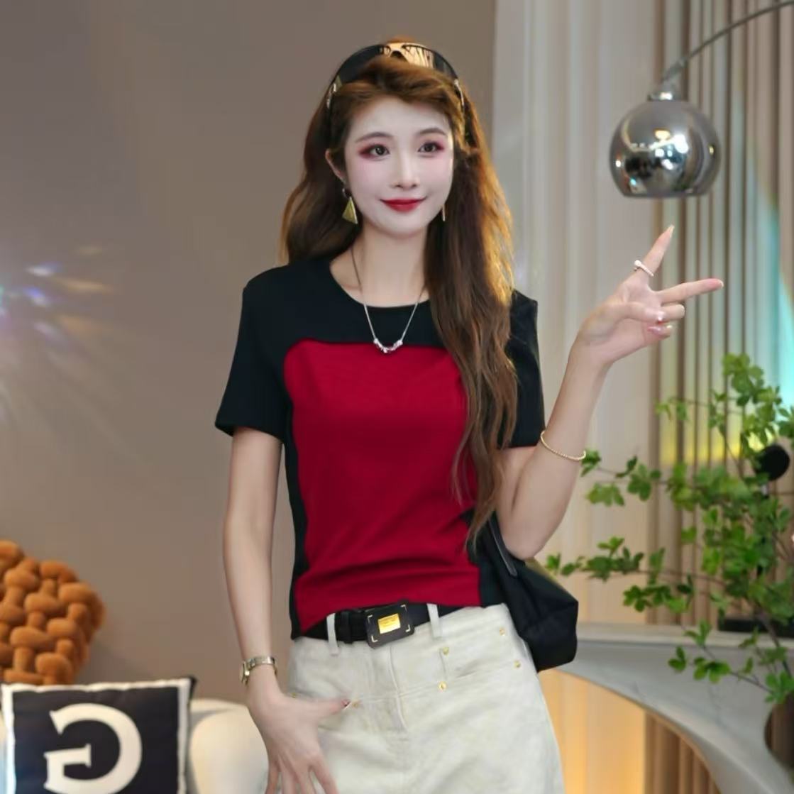 笑歌新款-撞色圆领假两件百搭显瘦短袖T恤百搭时尚