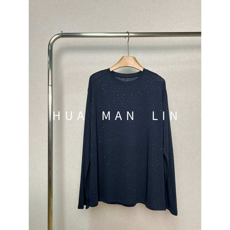 【花满林】圆领满身烫钻简约蓝色长袖上衣92278