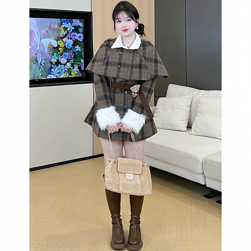 贝贝微胖定制【富家千金】秋冬格子斗篷毛呢外套收腰连衣裙套装