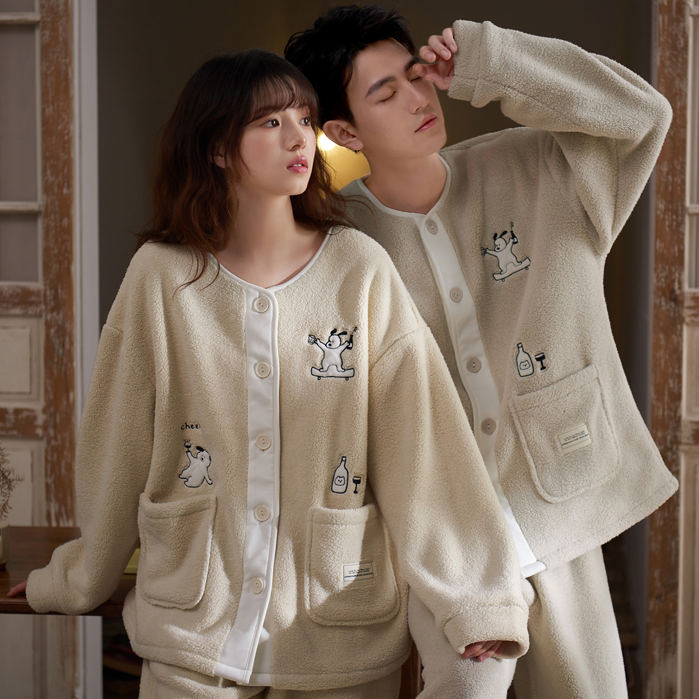 马克公主情侣睡衣女秋冬款可爱小狗加厚保暖羊羔绒奶fufu家居服男