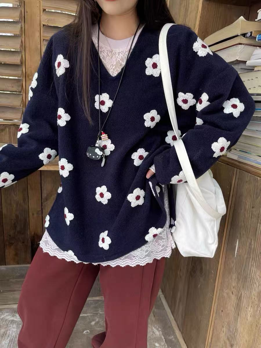 【108】格#休闲百搭花朵毛衣宽松上衣