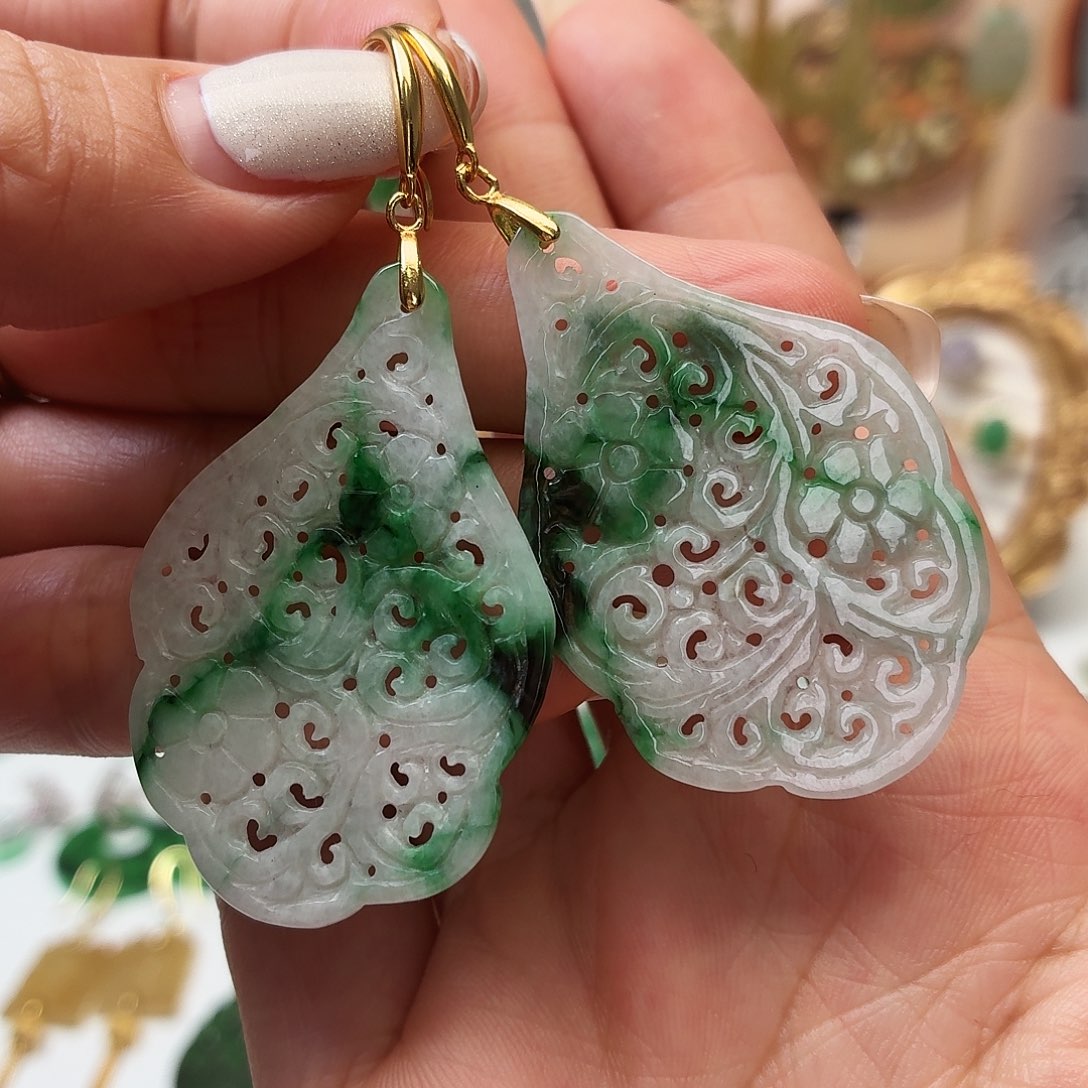 翡翠银S925镶嵌耳饰有纹裂