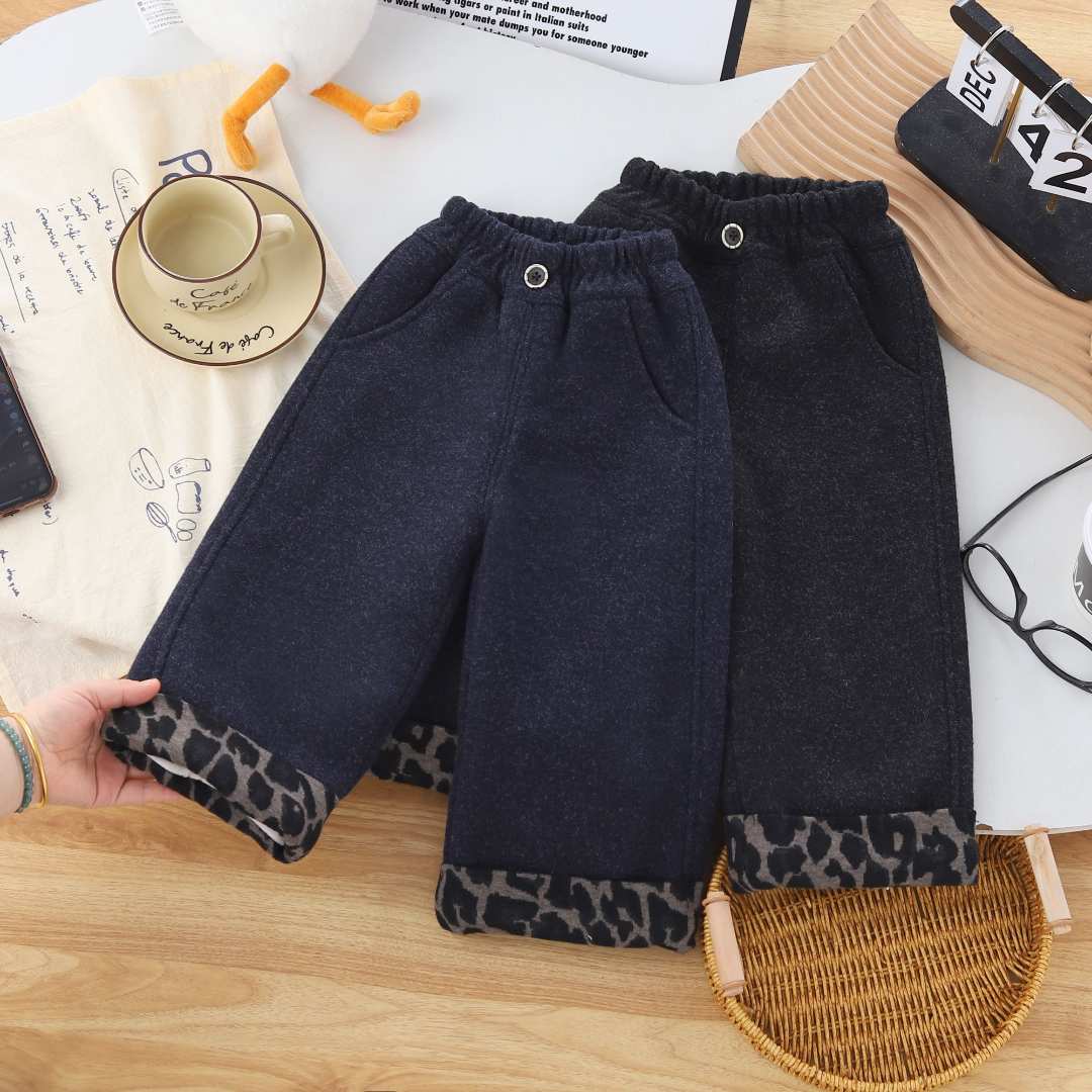 儿童女童冬季新款豹纹花边毛呢微弹直筒裤加绒加厚裤子