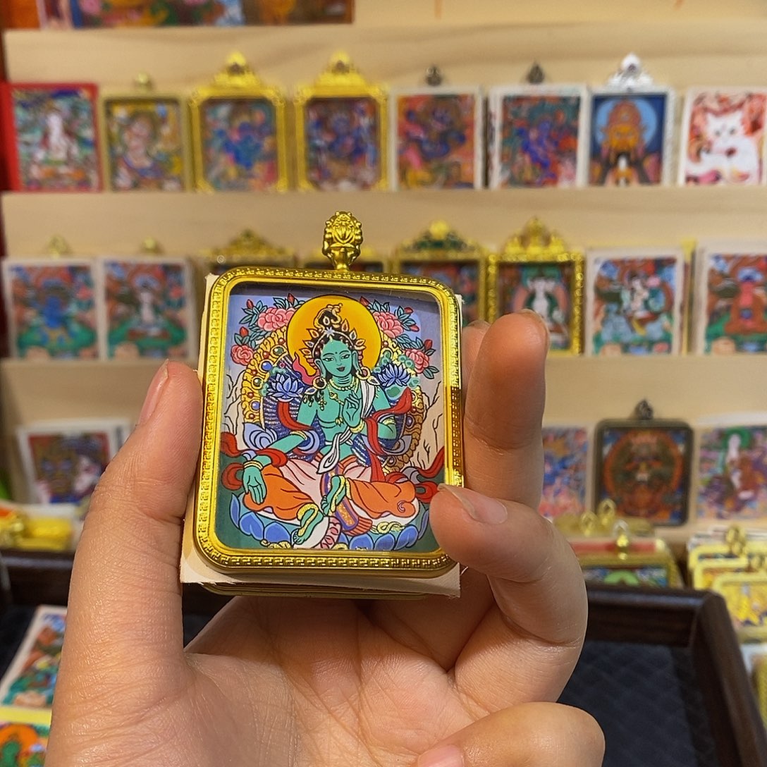 天***8吊坠纯手绘唐卡绿度母