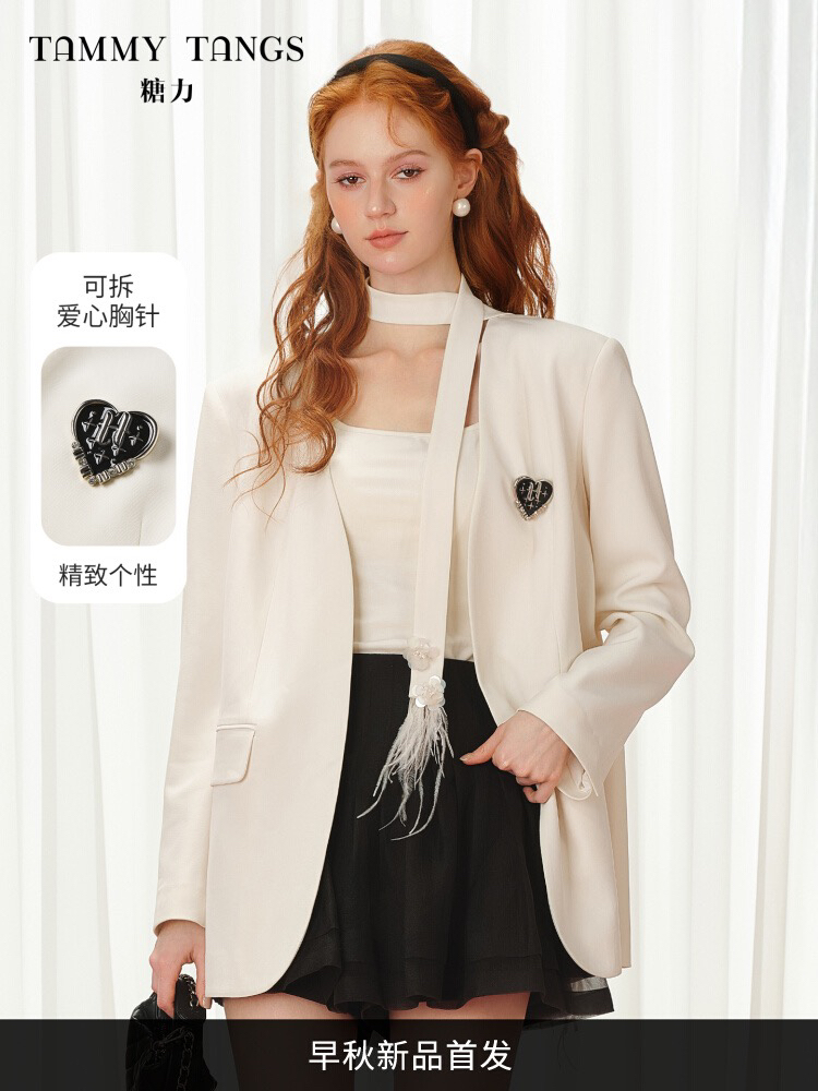 商场同款糖力 心动邂逅西装外套2025秋新款配飘带宽松H型西服女