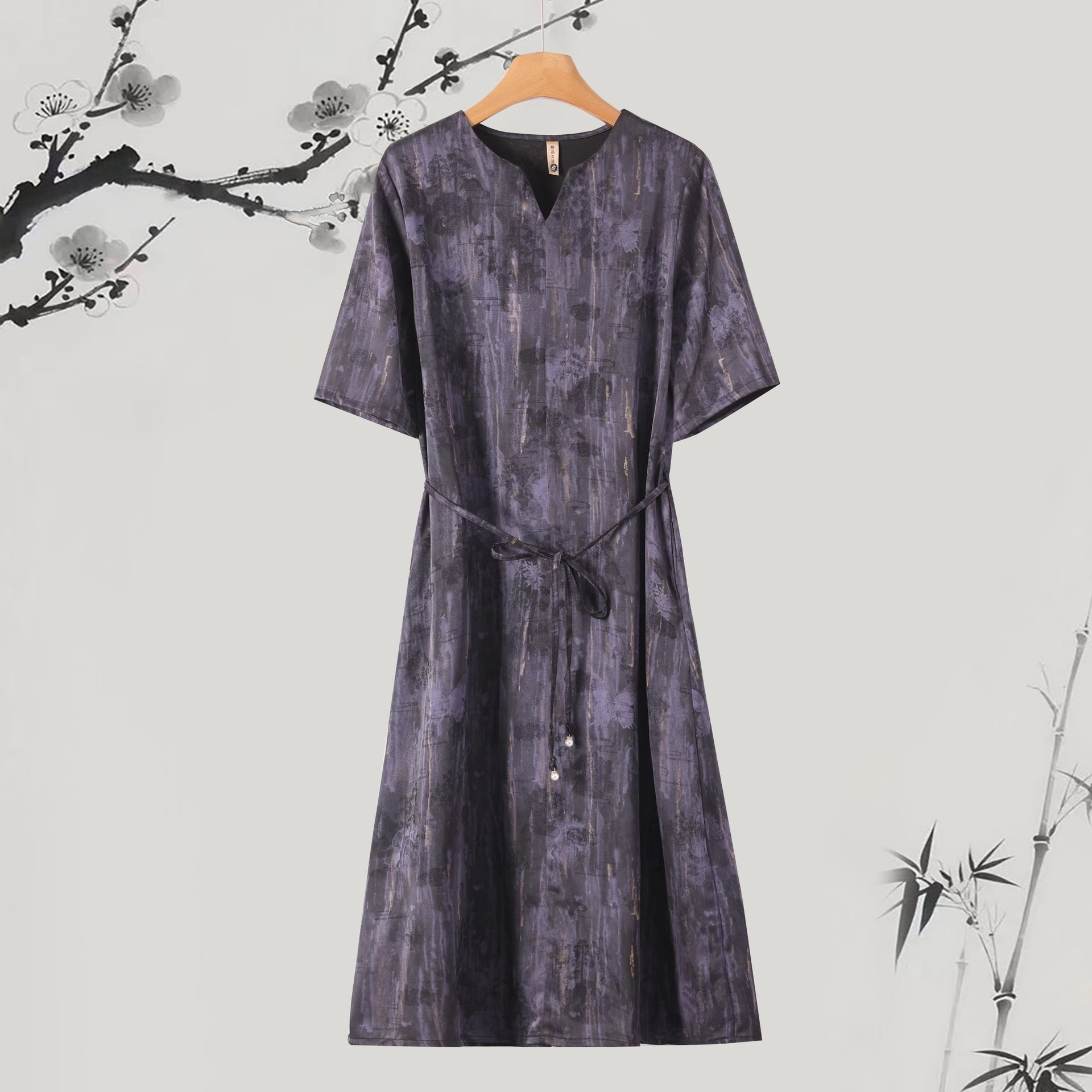 紫裳栖墨——100涤纶长裙夏季连衣裙印花水墨新中式气质提花6118