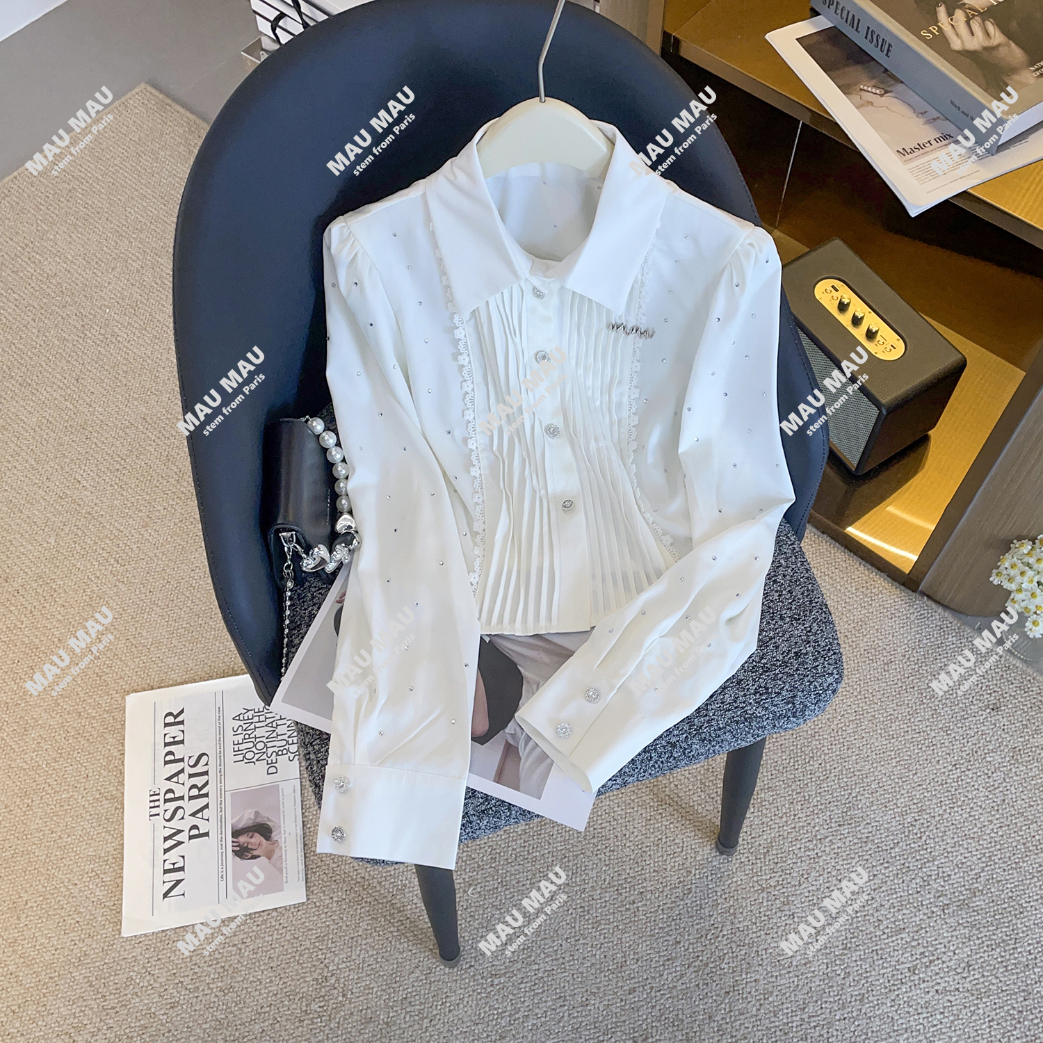 轻奢高端女装秋季时尚褶皱设计感重工烫钻花边单排扣衬衫DY9175