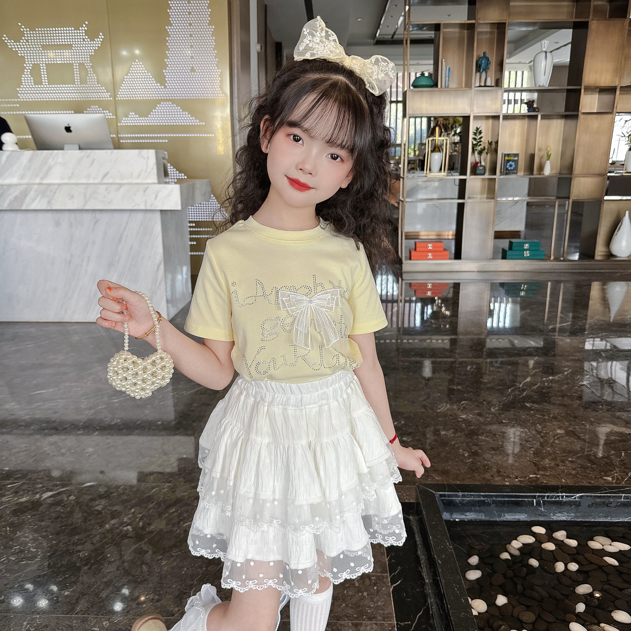 【现货】2025夏款女童烫钻字母蝴蝶结T恤公主裙2件套女宝宝甜美2件