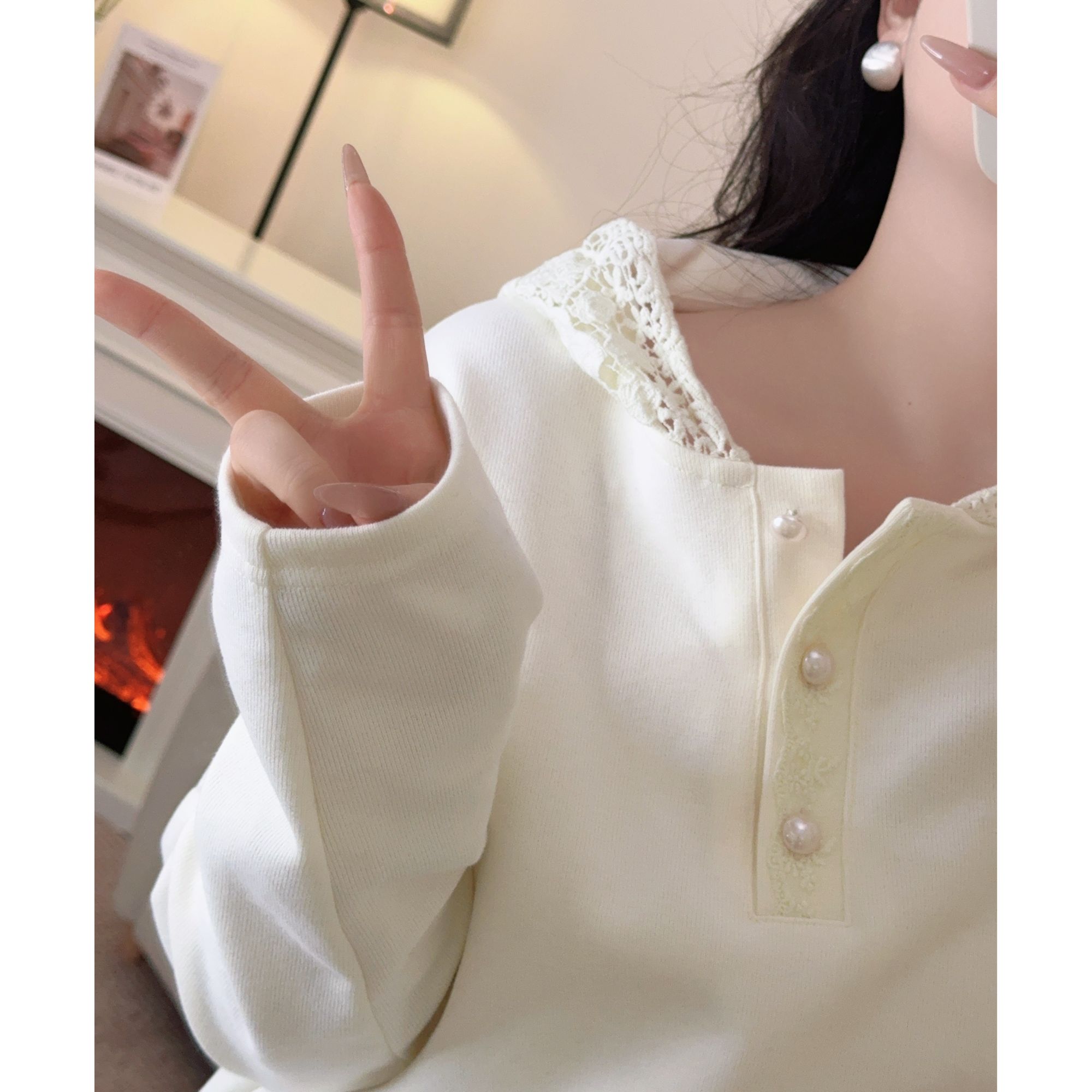 【温茉定制】2024冬季蕾丝纯欲风拼接保暖连帽长袖卫衣SX1025111962