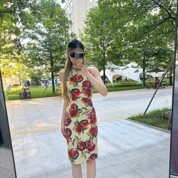 99新 maje DG 桑蚕丝 石榴满印连衣裙 36码 41024