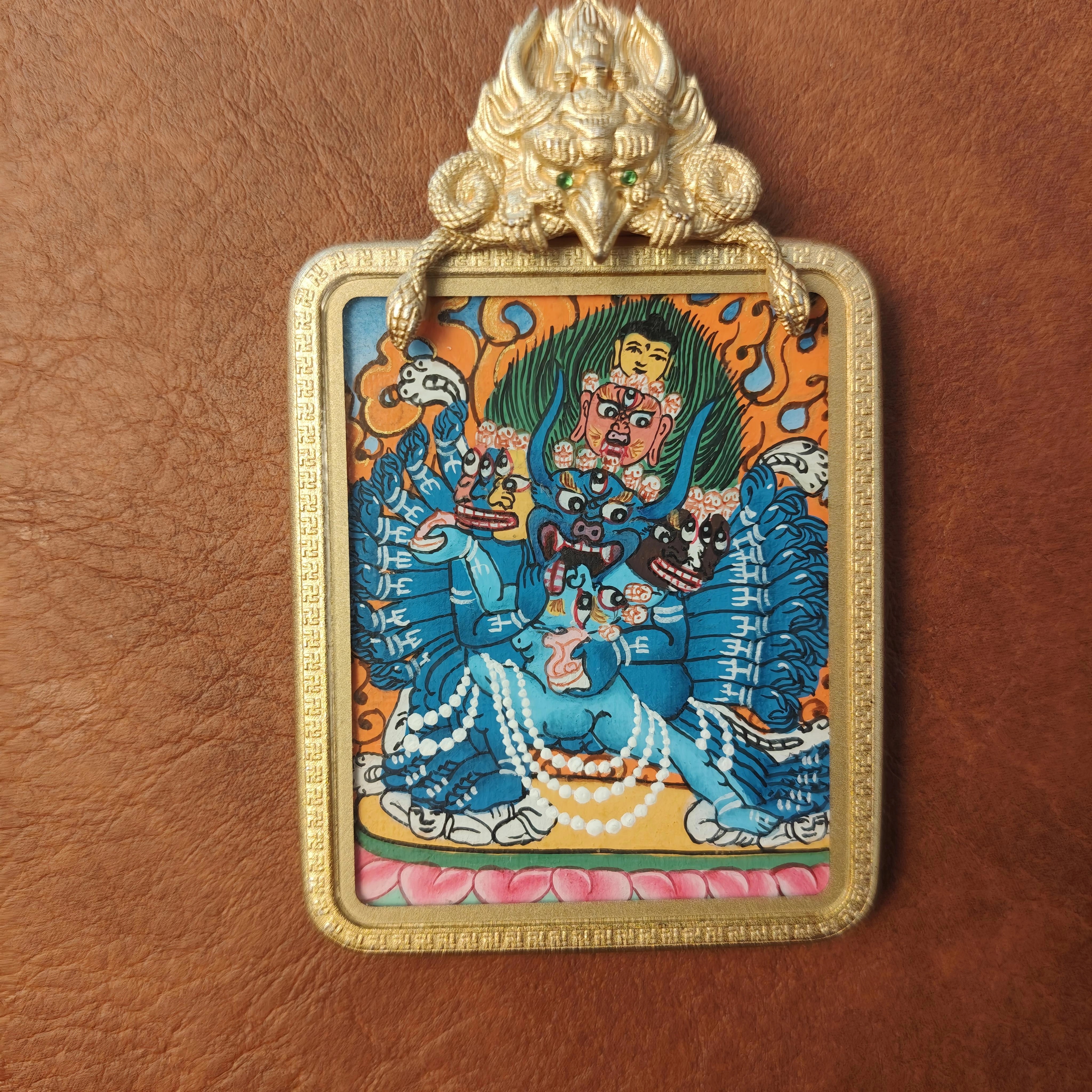 纯手绘大威德金刚唐卡吊坠40*50mm