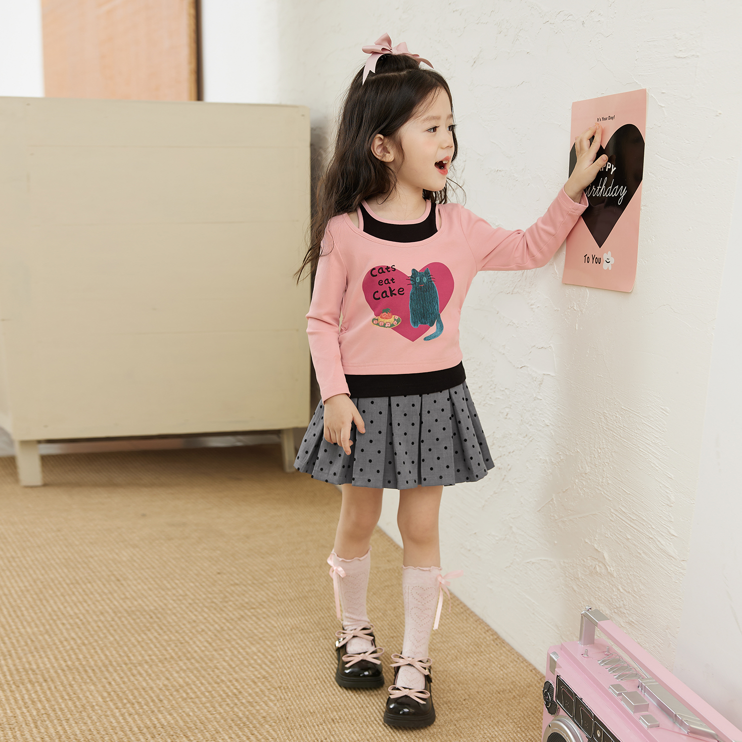 女童春装假两件长袖t恤2025春季新款中大儿童卡通洋气打底衫上衣