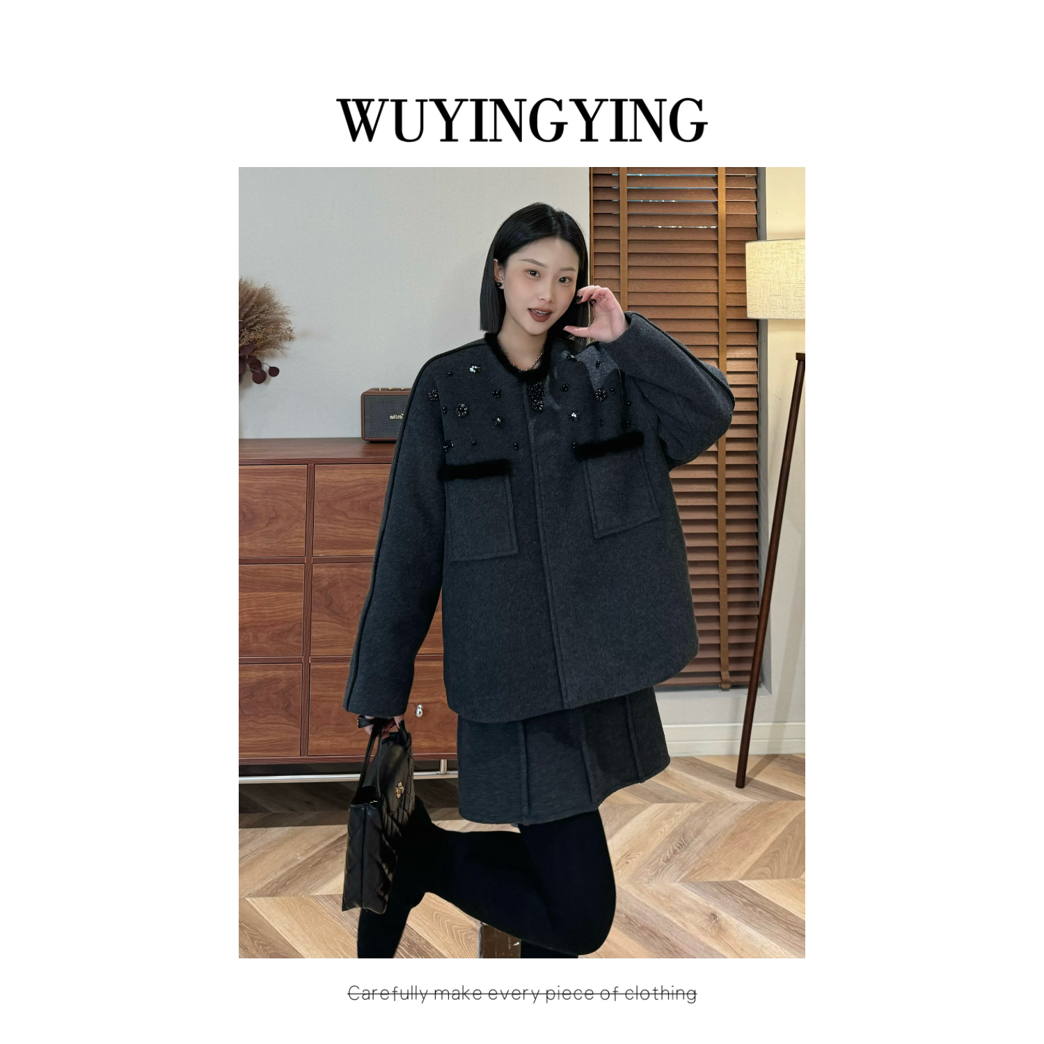 WUYINGYING【高智定格】欧货亮片花朵装饰羽绒外套+半身裙套装