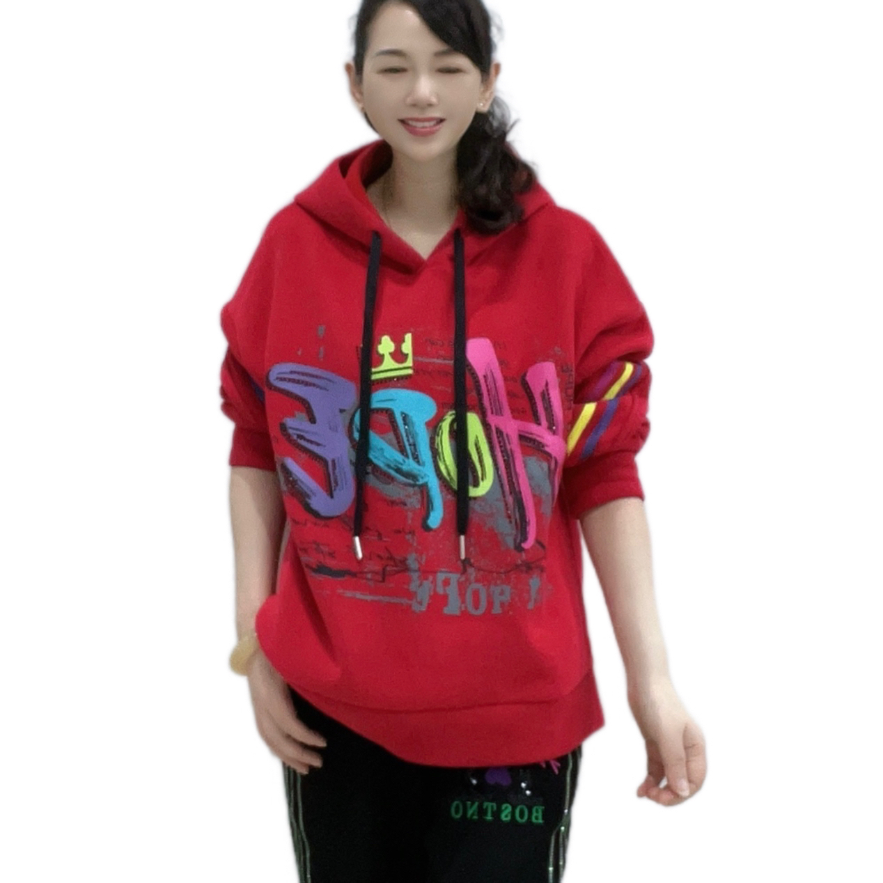 39秋冬加绒一体连帽潮流休闲时尚百搭宽松显瘦印花织带长袖卫衣