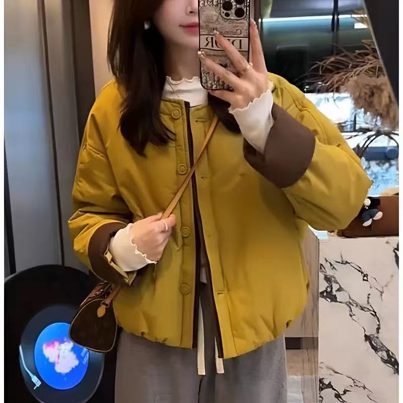 棉感撞色圆领设计感棉服外套女冬季新款时尚宽松棉衣