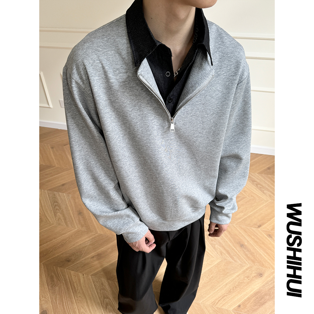 2025秋季新款假两件拉链长袖卫衣老钱风休闲运动T恤上衣百搭体恤