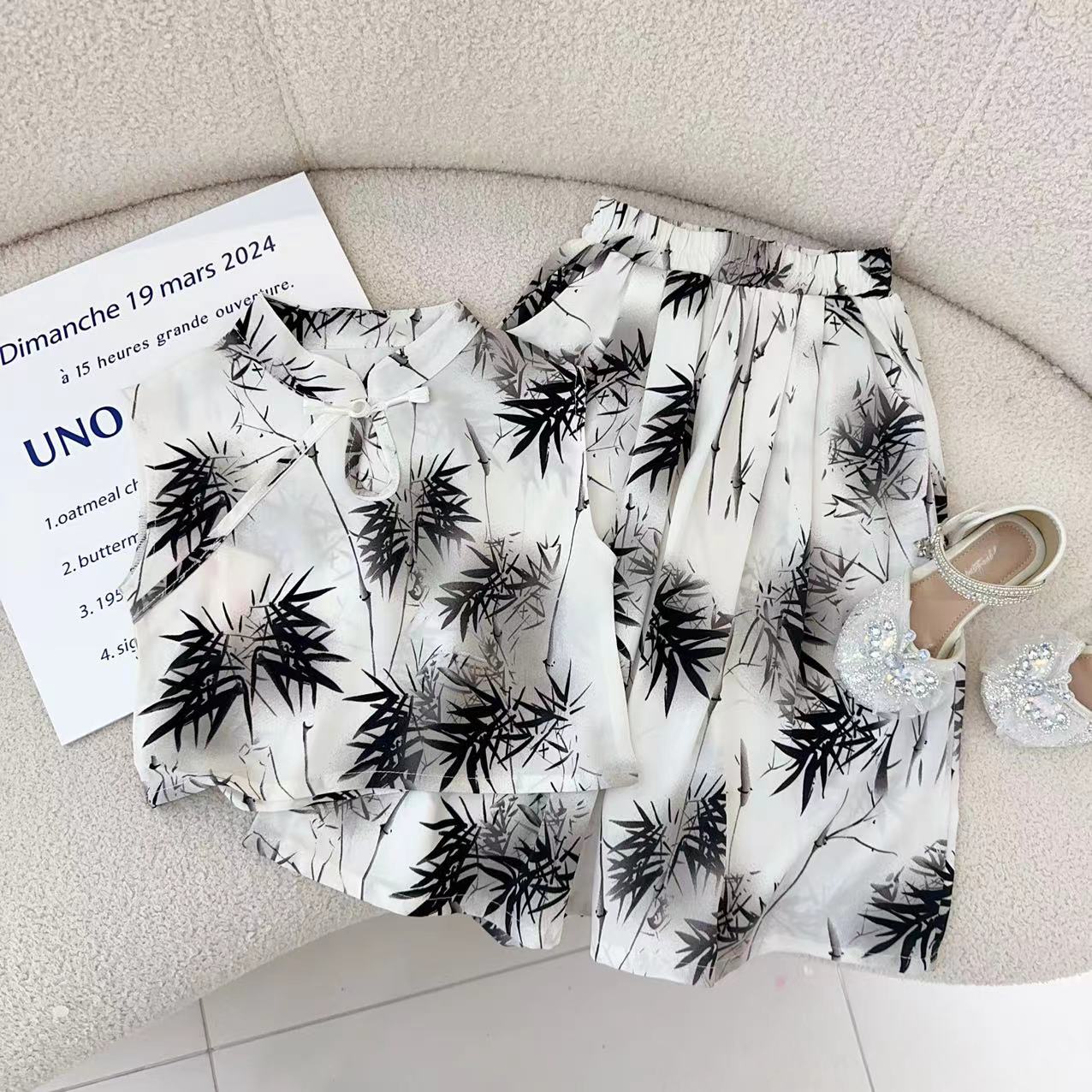 汤圆家童装2025夏季新款新中式水墨画阔腿裤套装 XA-894