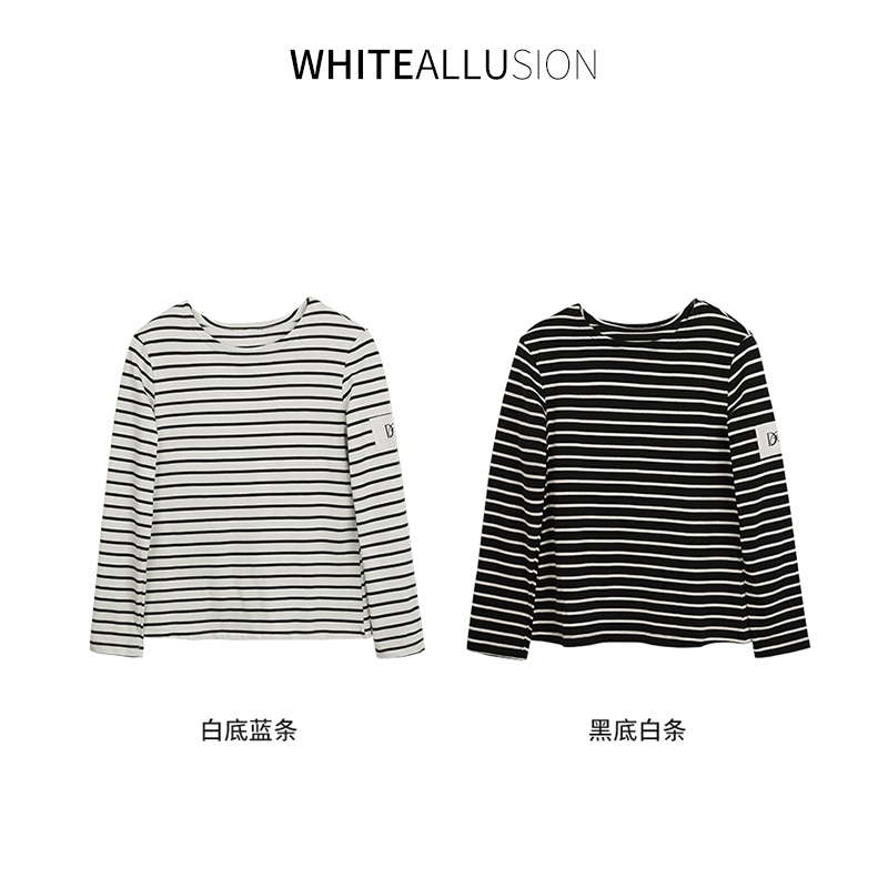 素典年中清仓【179】长袖撞色条纹套头圆领T恤女春季新款打底上衣