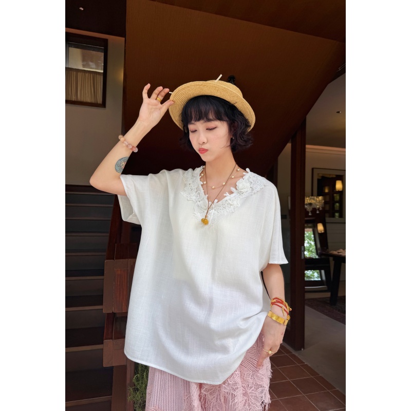 MoNvKiKiPlus「生如夏花」微胖大码莱赛尔亚麻立体花朵V领T恤#2327