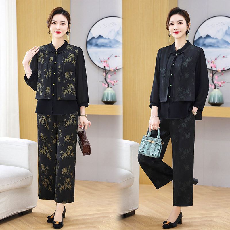 妈妈春秋洋气长袖上衣中年妇女装春装大码中老年气质盘扣薄款套装